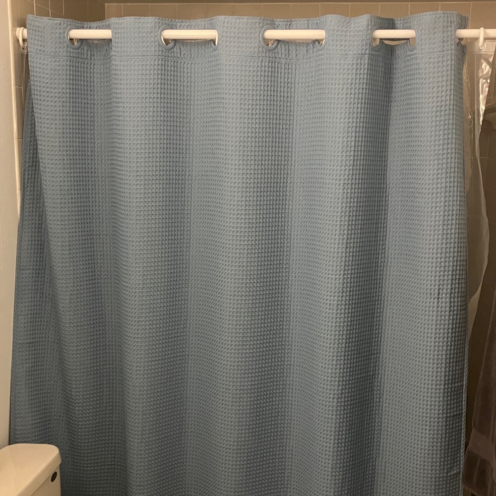 Classic Blue Textured Shower Curtain and Matching Bathmat.